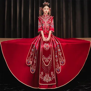 2023 Летни традиционни китайски сватбени рокли, женски ориенталски костюм с висока яка, бродирани фениксом, Китайски онлайн магазин