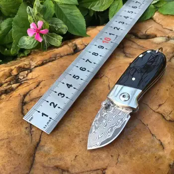 60HRC, нож от дамасской стомана, сгъваем нож с шарките + естествена черна роговая дръжка, открит EDC, тактически нож за оцеляване, ловен нож