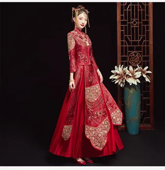 Autumn Red Embroidery Chinese Wedding Dress Булка Traditional Banquet Classic Рокли Китай Qipao за ориенталски костюм