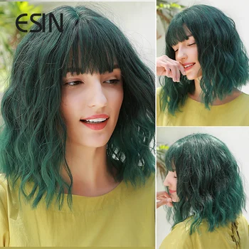 ESIN Синтетични перука омбре Зелен средна дължина на бретон INS Cosplay перуки за жени топлоустойчива косата