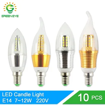 GreenEye 10 бр. светодиодна лампа E14 220 В 7 W 9 W И 12 W Златисто-сребрист алуминий лампа във формата на свещ, за да кристал полилеи Лампара Ampoule