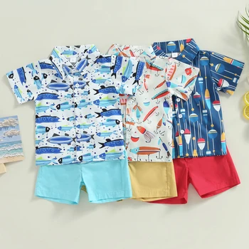 Mildsown/облекло за малки момчета, летен комплект дрехи, риза с къс ръкав и принтом риба, къси панталони с джобове, плажен костюм на джентълмен