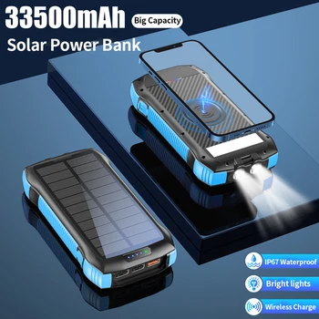 PINZHENG 33500 ма 10 W Безжично Зарядно Устройство Слънчев Банка Хранене PD 18 W Бързо Зареждане на Водоустойчив Power Bank За iPhone Xiaomi Power Bank