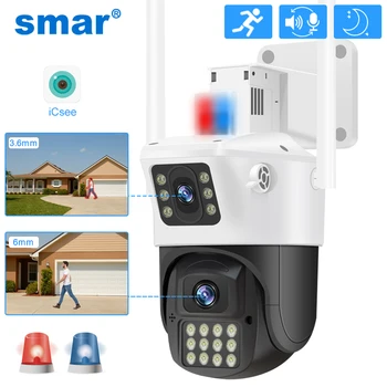 Smartdo 4MP PTZ Двухобъективная IP Камера с Двойна Екран, Външна Автоматична Пътна Безопасност, Нощно Виждане, видео Наблюдение, Полицейска Светлинна Аларма ICSEE