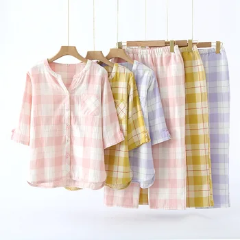 Дамски пижамные комплекти в японската клетка, лятна новост, пижами от чист памук, пижамная риза, спално бельо, домашно облекло, дамски домашни дрехи с V-образно деколте