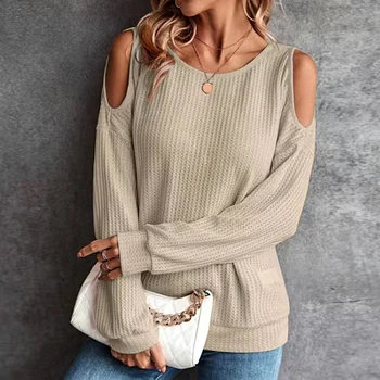 Дамски свободни пуловер с кръгло деколте и копчета отзад, тениски, обикновена есенни тениски с открити рамене и дълъг ръкав, модерни всекидневни
