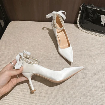 Дамски секси обувки, дамски обувки-лодка на висок ток, модерен дизайн 2022, е черно-бяла ежедневни сватба парти, перлата на каишка-пеперуда на висок ток