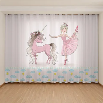 Дигитален печат, сладки мультяшные балетные костюми за момичета, пердета за детска спални, завеси от слънцето, розов еднорог принцеса, декоративни завеси
