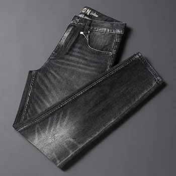 Европейски модни дизайнерски мъжки дънки в стил ретро, черно, сиво, висококачествени еластични плътно прилепнали скъсани дънки, мъжки реколта дънкови панталони Hombre