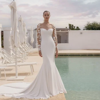Елегантни сватбени рокли на Русалка с лодка деколте и дълъг ръкав, апликация за възрастни, дължина до пода, бяло Vestidos De Новия 2023