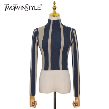 Женска тениска TWOTWINSTYLE в ивица с темперамент, поло с дълъг ръкав, джейда цвят, тънки къси блузи, дамски модни нови