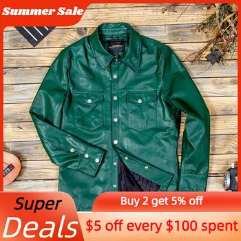 Зелена пролетно мъжко яке в разговорния стил, големи размери 4XL, естествена овча кожа, риза от естествена кожа, есенни приталенные палта, които могат да се носят с тегло 90 кг на