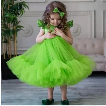 Зелени елегантни Рокли с кръгло деколте и Цветя Модел За Момичета На Сватбата 2023, Тюлевые Рокли Принцеса С ръкави-Капачки, Буйни Рокли За Рожден Ден, Първото Причастие