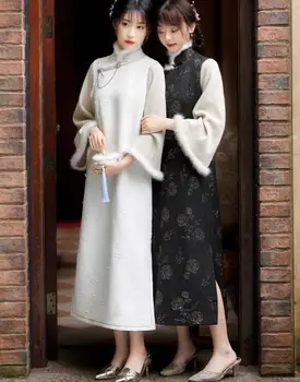 Зимата традиционно китайското дълго, плътно рокля Чонсам Женски източното винтажное Чи рп бяло