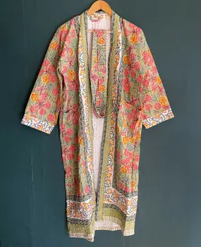 Кимоно Kantha, халат за баня, мека памучен дълго яке с принтом под формата на ръчен блок
