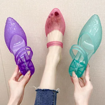 Корейски сандали с червени букви, дамски летни обувки с остър пръсти от кристал желе, нескользящие прозрачни универсални обувки Baotou