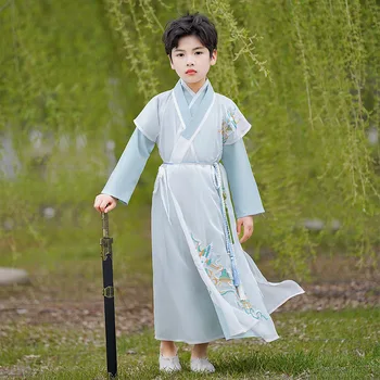 Костюм Тан за малки момчета, детски древнекитайский традиционен костюм за деца, класически бродерия, светло синьо сценичното рокля Hanfu