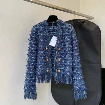 Луксозни якета за жени, в есенно-зимната реколта дрехи от твида с пискюли, модерно двубортное палто от висок клас Jaqueta Feminina