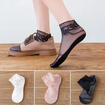 Модни дамски летни чорапи, невидими дантелени чорапи, по-фини цветя, телени мрежи, дамски къси чорапи със средна дължина, прозрачен дишаща копринен чорап