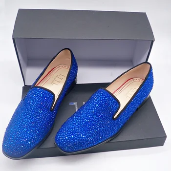 Мъжки лоферы с кристали син цвят в британския стил, луксозни мъжки лоферы без закопчалка на равна подметка, ежедневни обувки от велур