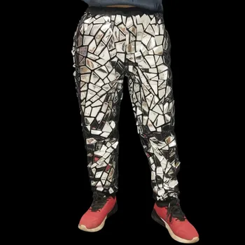 Мъжки панталони с лазерни огледала и пайети, свободни отразяващи сребристи ежедневни панталони, костюм за изяви в стил хип-хоп певица