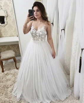 Нова дълга булчинска рокля с V-образно деколте и прости цветове, 2021, сватбени рокли трапецовидна форма на спагети презрамки с V-образно деколте и с отворен гръб, принцеса рокля на булката