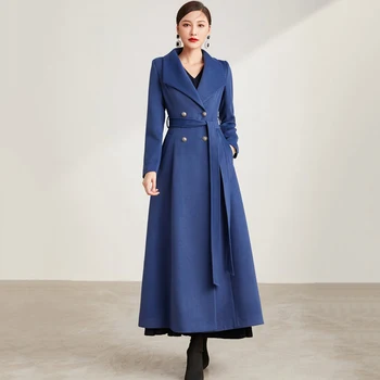 Ново дамско палто, вълнена, есенно-зимни палта, модерен, топъл подвижна яка от лисьего кожа, колан, вълна палто, тънка горна дреха, жена