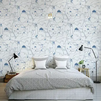 Тапети в средиземноморски стил, синьо-бялата архитектура на замъка Скандинавска мода Дневна Спалня Фон PVC, Водоустойчив
