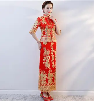 Традиционната сватбена рокля на китайската омъжена булка, летен червен женски костюм със златни бродерии Tang