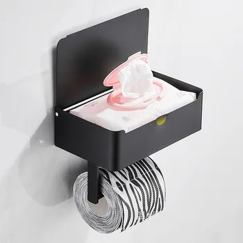 Черен държач за хартия в банята с кутия за съхранение, стенен държач за телефон от неръждаема стомана, етажерка за тоалетни принадлежности, аксесоари за баня
