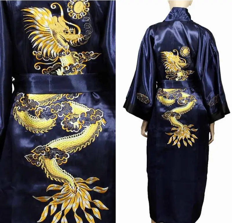 Халат за баня, мъжко кимоно с бродерия на дракона в китайския стил, нощно рокля, дълга нощница, нощна риза, жилетка, халат за баня, домашни дрехи с V-образно деколте0