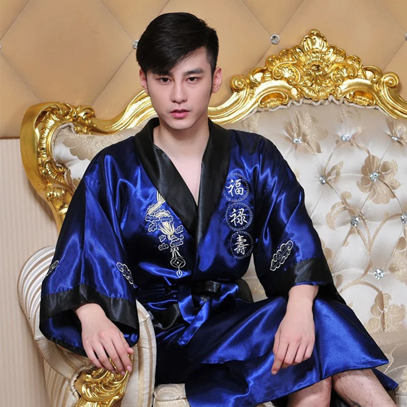 Халат за баня, мъжко кимоно с бродерия на дракона в китайския стил, нощно рокля, дълга нощница, нощна риза, жилетка, халат за баня, домашни дрехи с V-образно деколте2