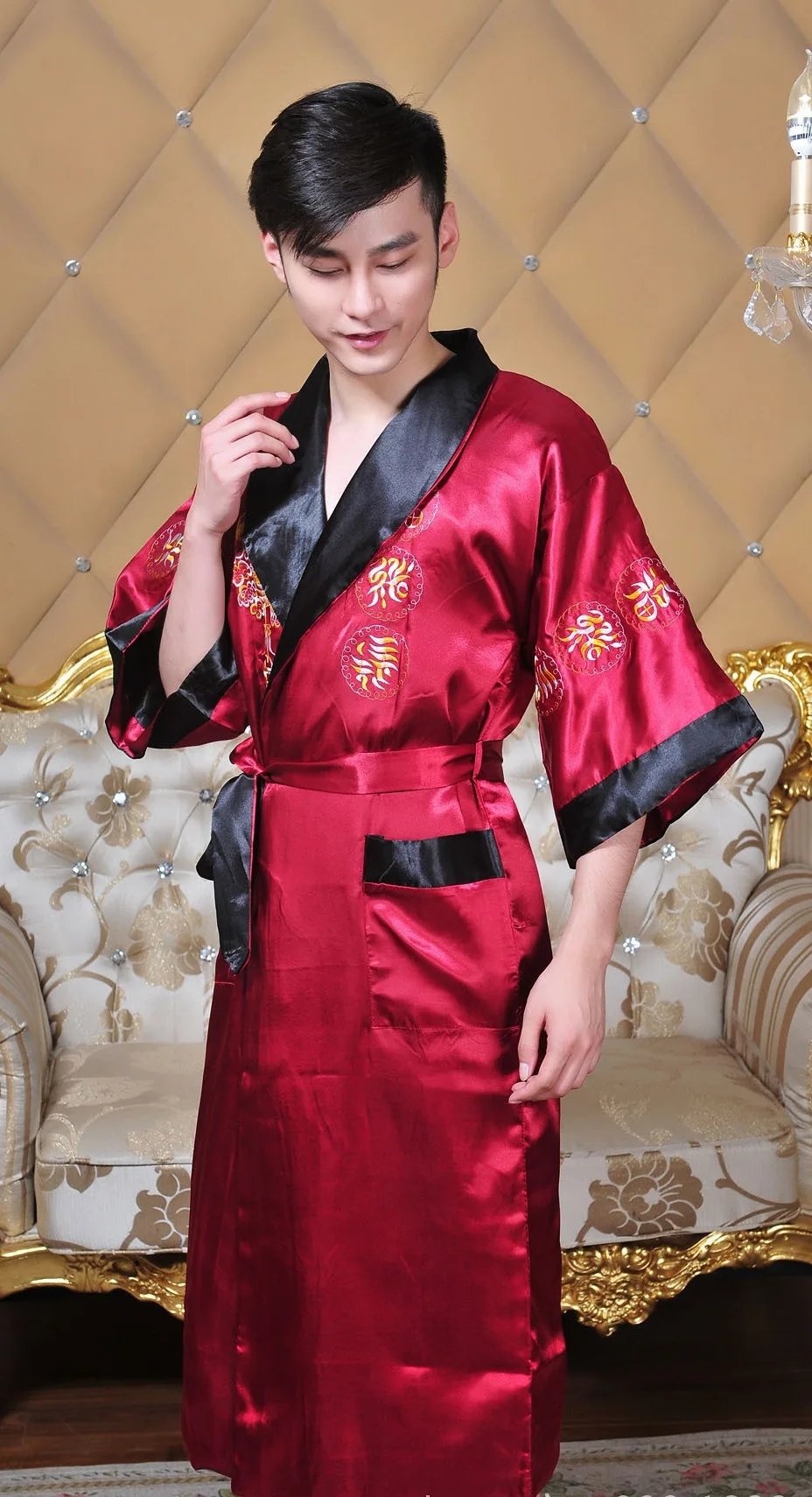Халат за баня, мъжко кимоно с бродерия на дракона в китайския стил, нощно рокля, дълга нощница, нощна риза, жилетка, халат за баня, домашни дрехи с V-образно деколте4