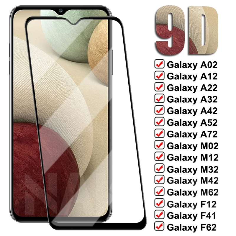 9D Защитно Стъкло За Samsung Galaxy А02 A12 A22 A32 A42 A52 A72 От Закалено Стъкло M02 M12 M32 M42 M62 F12 F41 F52 F62 Калъф-филм0