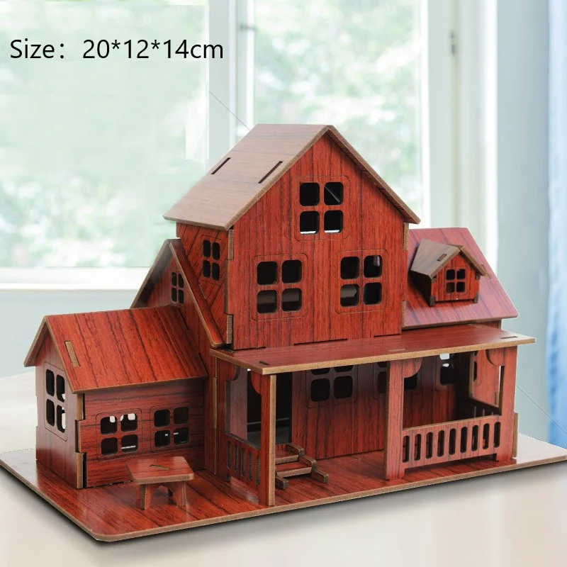 3D Дървена пъзел Архитектура DIY Къща Вила Деца, Момчета и момичета Образователен къща Хартиен пъзел Пораснали деца Събрание2