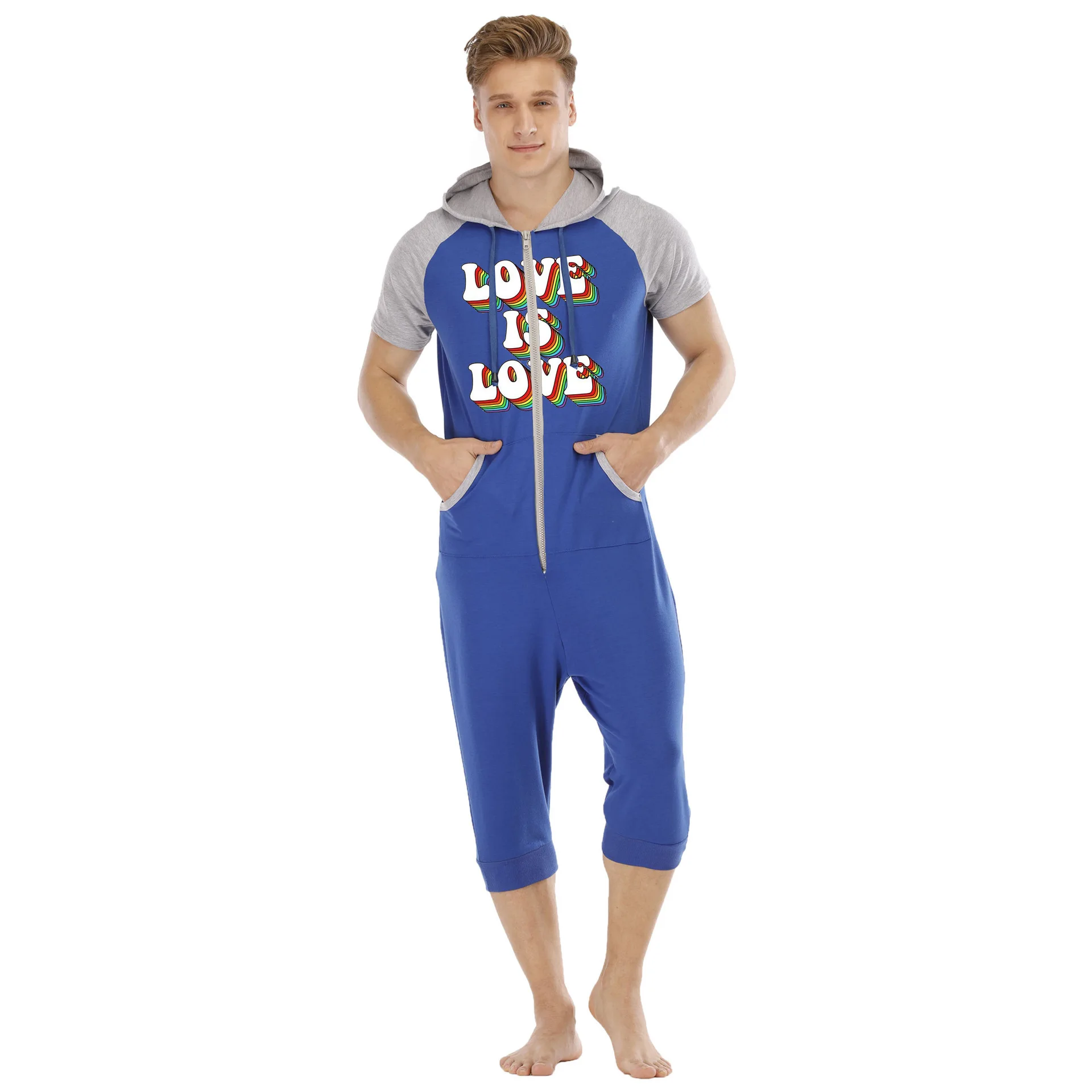 Топлата мека пижама, цял гащеризон с качулка, лятна мъжка пижама в синьо принтом, пижама с къс ръкав, пижама за възрастни3