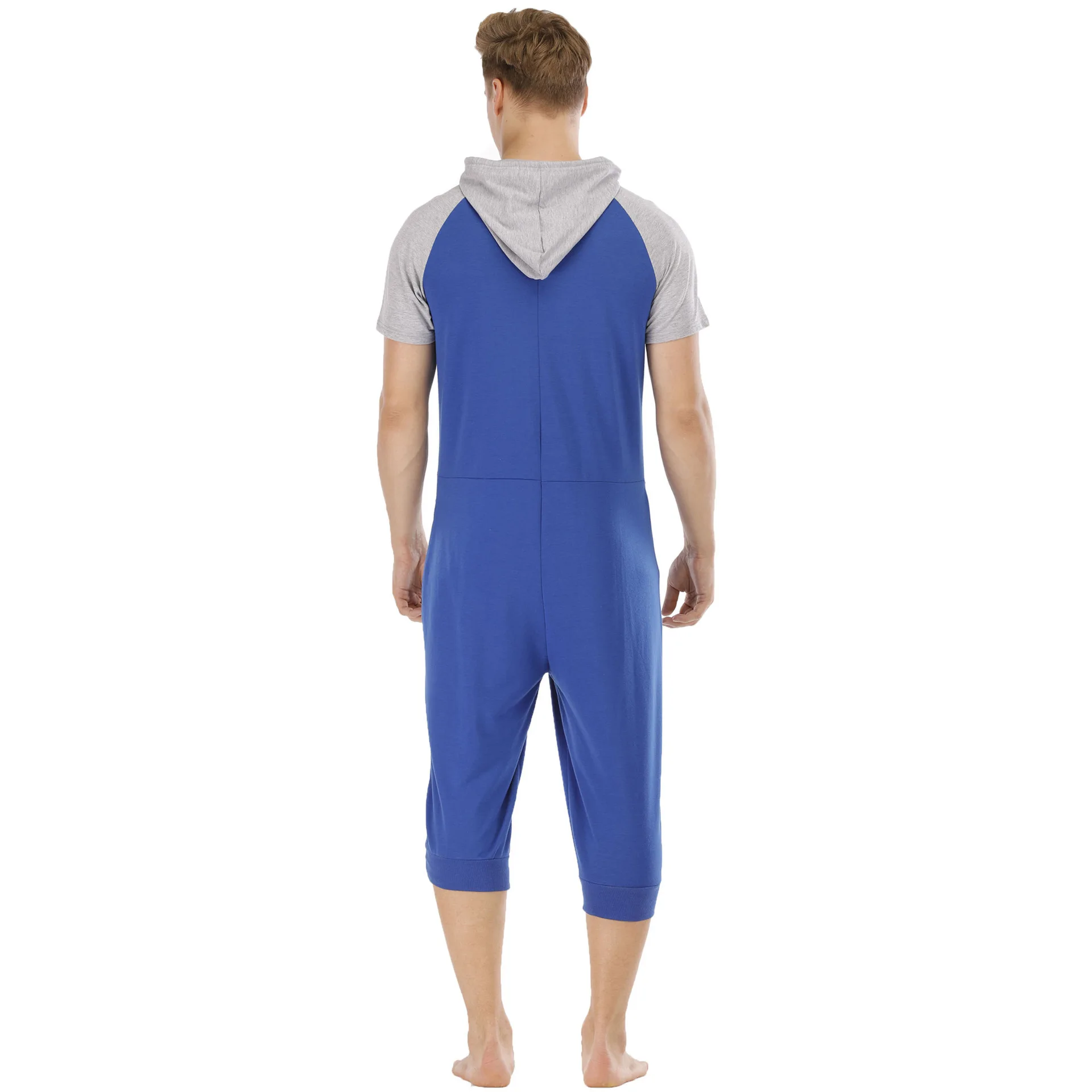 Топлата мека пижама, цял гащеризон с качулка, лятна мъжка пижама в синьо принтом, пижама с къс ръкав, пижама за възрастни5