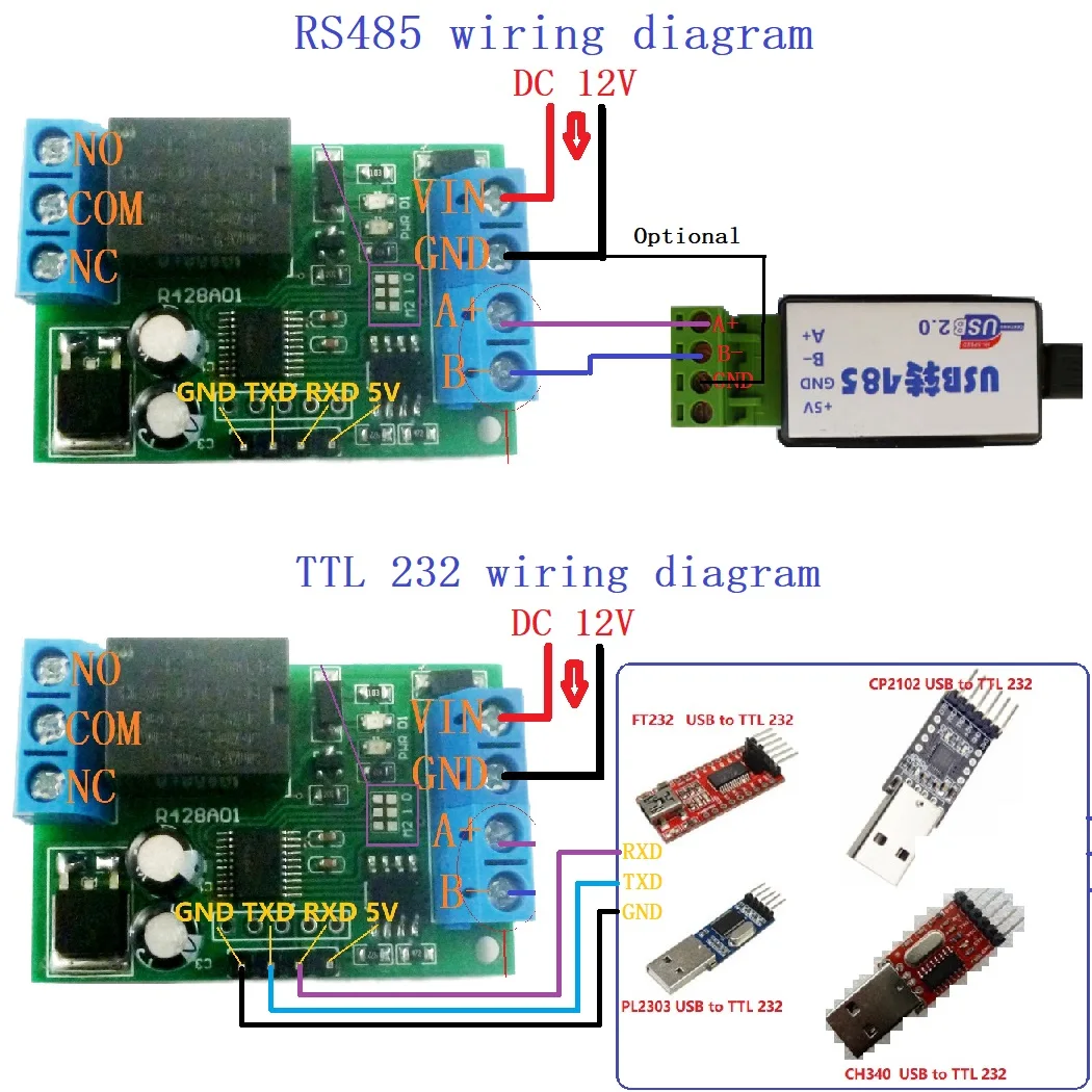 R428A01 5ШТ 2 в 1 RS485 & RS232 (TTL) AT & Modbus RTU Релеен Комутатор Такса PC USB COM UART Сериен порт 1 Канален модул 12 vdc4
