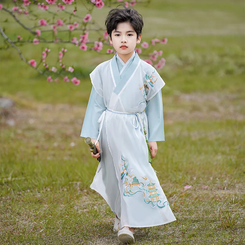 Костюм Тан за малки момчета, детски древнекитайский традиционен костюм за деца, класически бродерия, светло синьо сценичното рокля Hanfu1